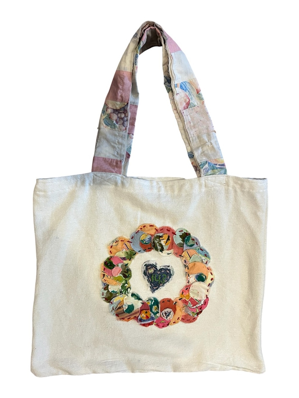 UPCYCLED Cream Canvas Tote Bag with Colorful Heart Wreath